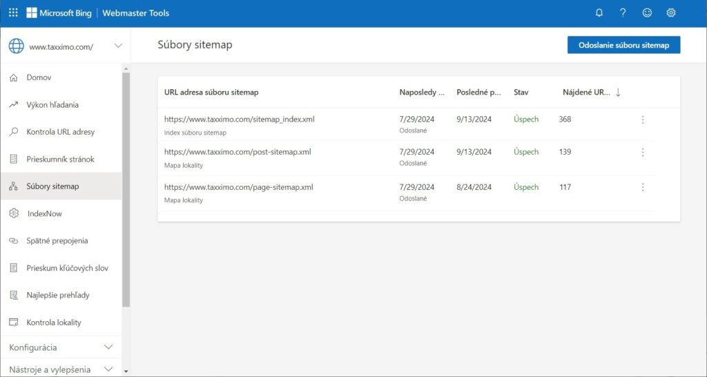 Microsoft Bing webmasters tools pridanie sitemap