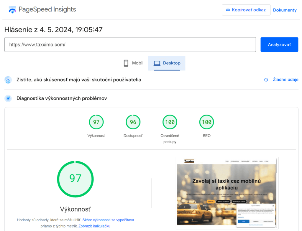 PageSpeed Insights webovej stránky www.taxximo.com