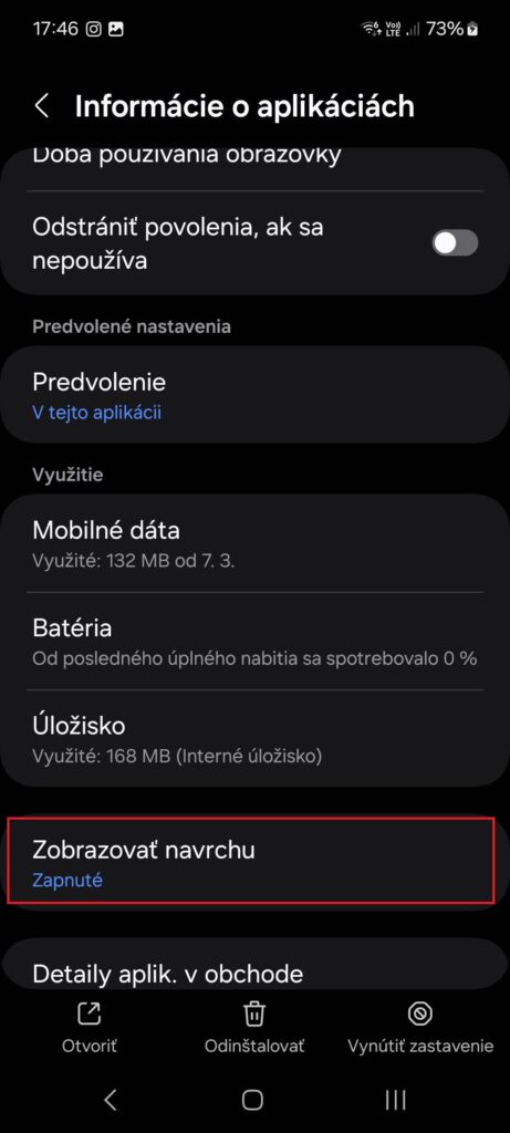 Android, nastavenia mobilného telefónu, aplikácie, Taxximo, zobrazovať vždy na vrchu