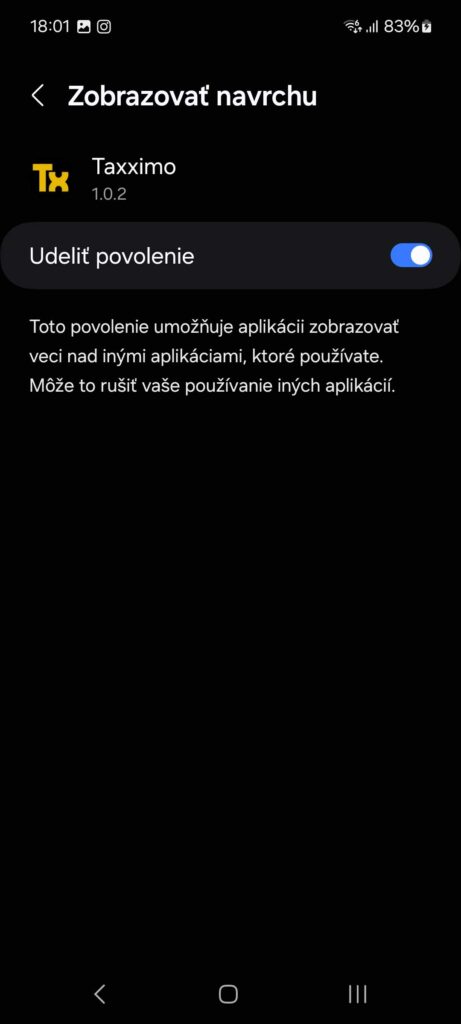 Android, nastavenia mobilného telefónu, aplikácie, Taxximo, zobrazovať vždy na vrchu, Udeliť povolenie