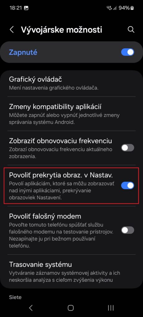 Android, Vývojárske možnosti, Povoliť prekrytia obrazovky v nastaveniach