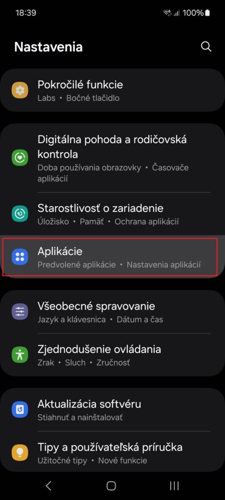 Android, Nastavenia, Aplikácie