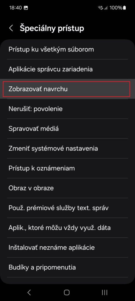 Android, Nastavenia, Aplikácie, Špeciálny prístup, Zobrazovať navrchu