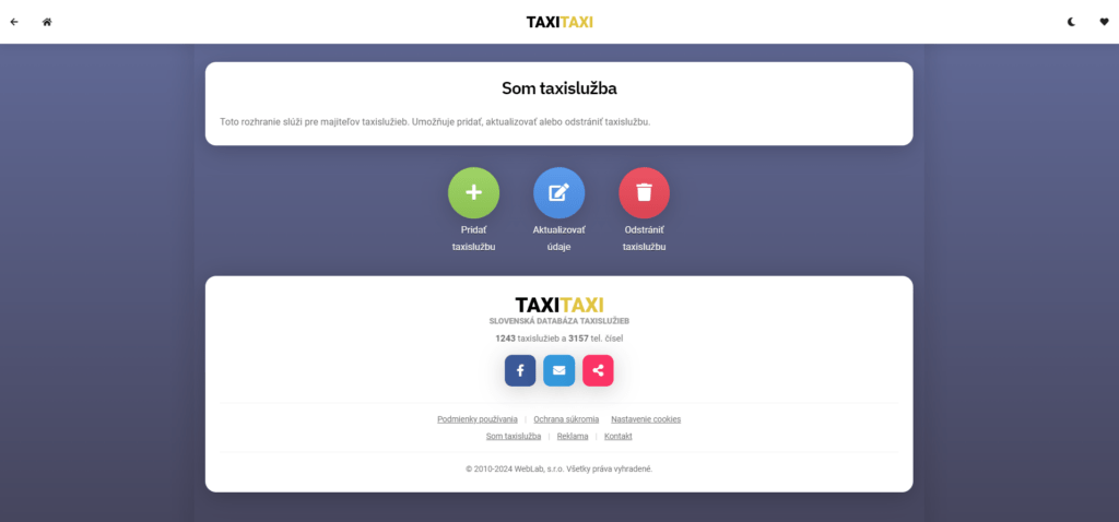 TaxiTaxi je zoznam pre registráciu kontaktných údajov na taxislužbu a taxíky