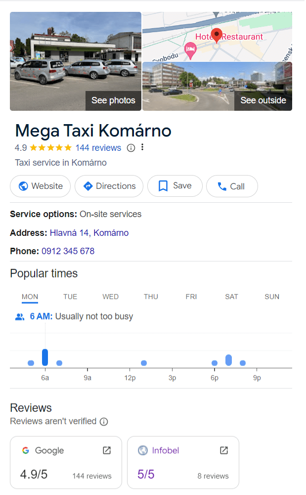 Google business profile príklad taxislužby