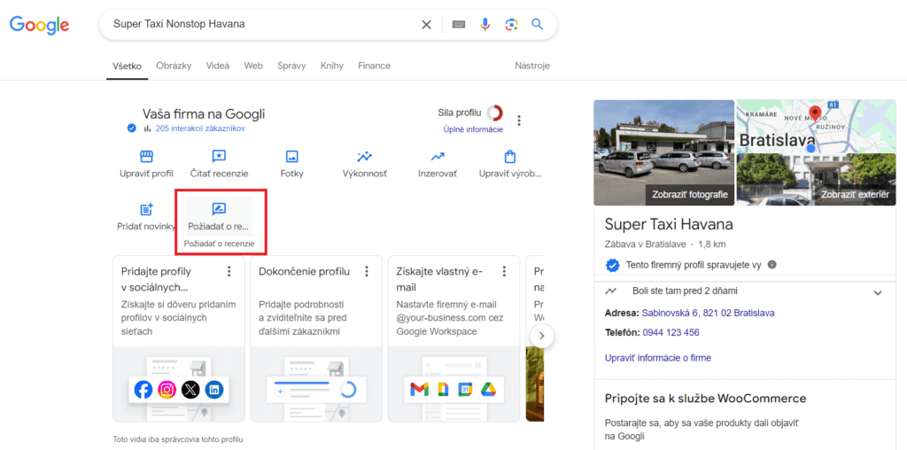 Vyhľadanie taxislužby na Google Business Profile a nájdenie linku na hodnotenie taxislužby