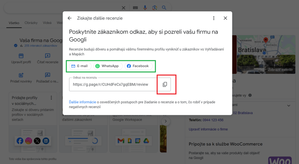 Skopírovanie linku na hodnotenie taxislužby z Google Business Profile